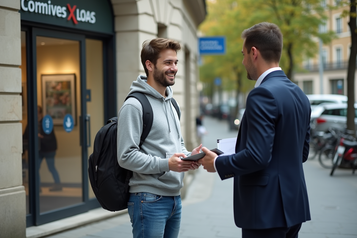 Jeune homme discutant avec un conseiller bancaire dehors