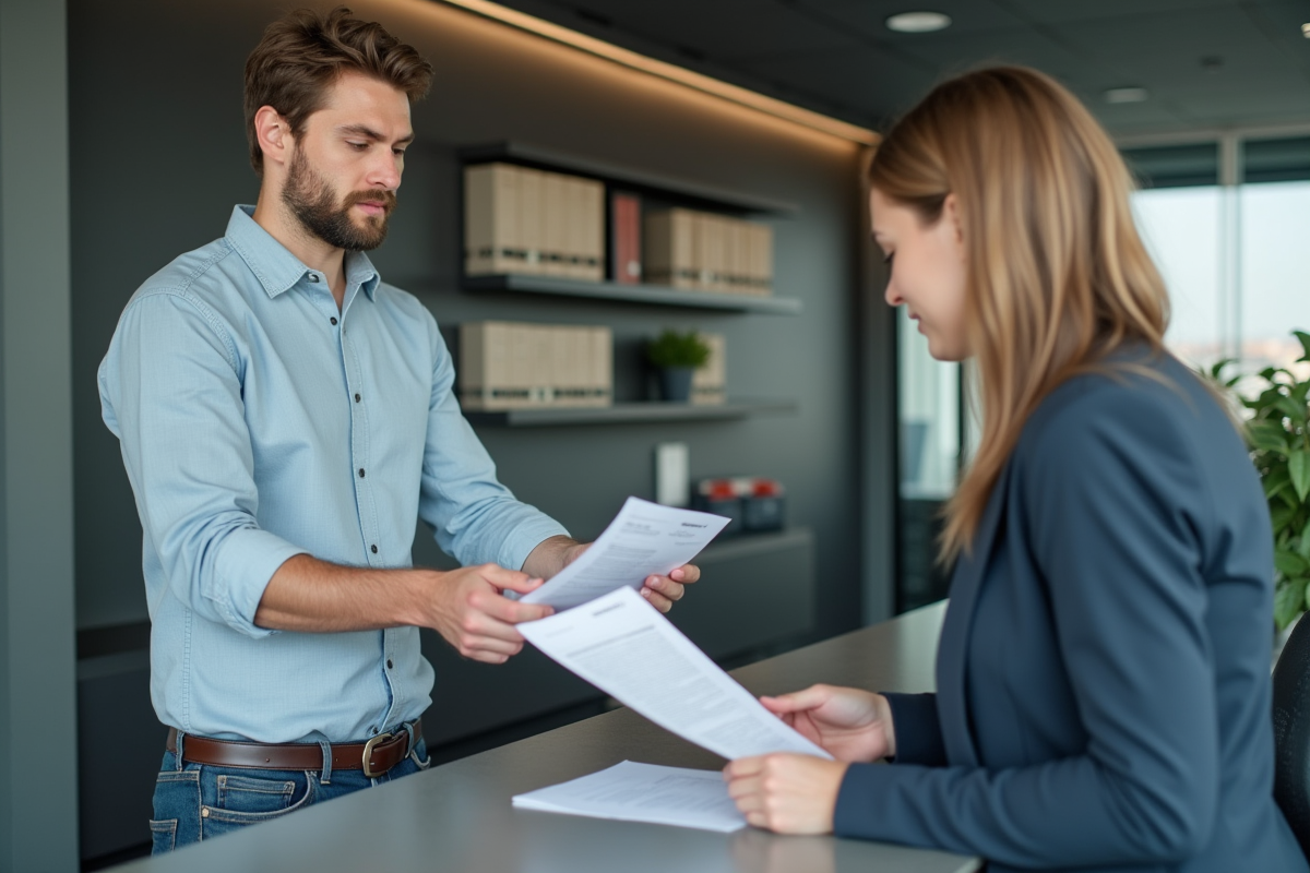 Jeune homme remet photocopies à un agent d