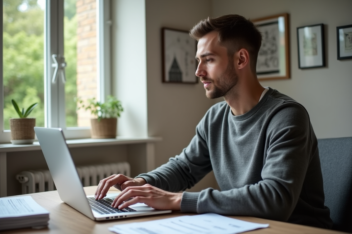 Jeune homme saisissant ses chiffres fiscaux au bureau