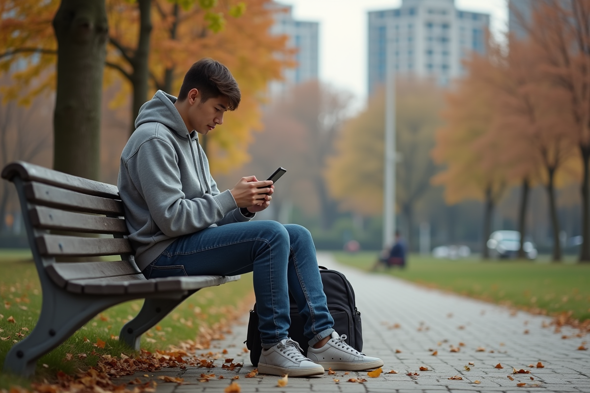 Jeune homme assis sur un banc dans un parc en automne