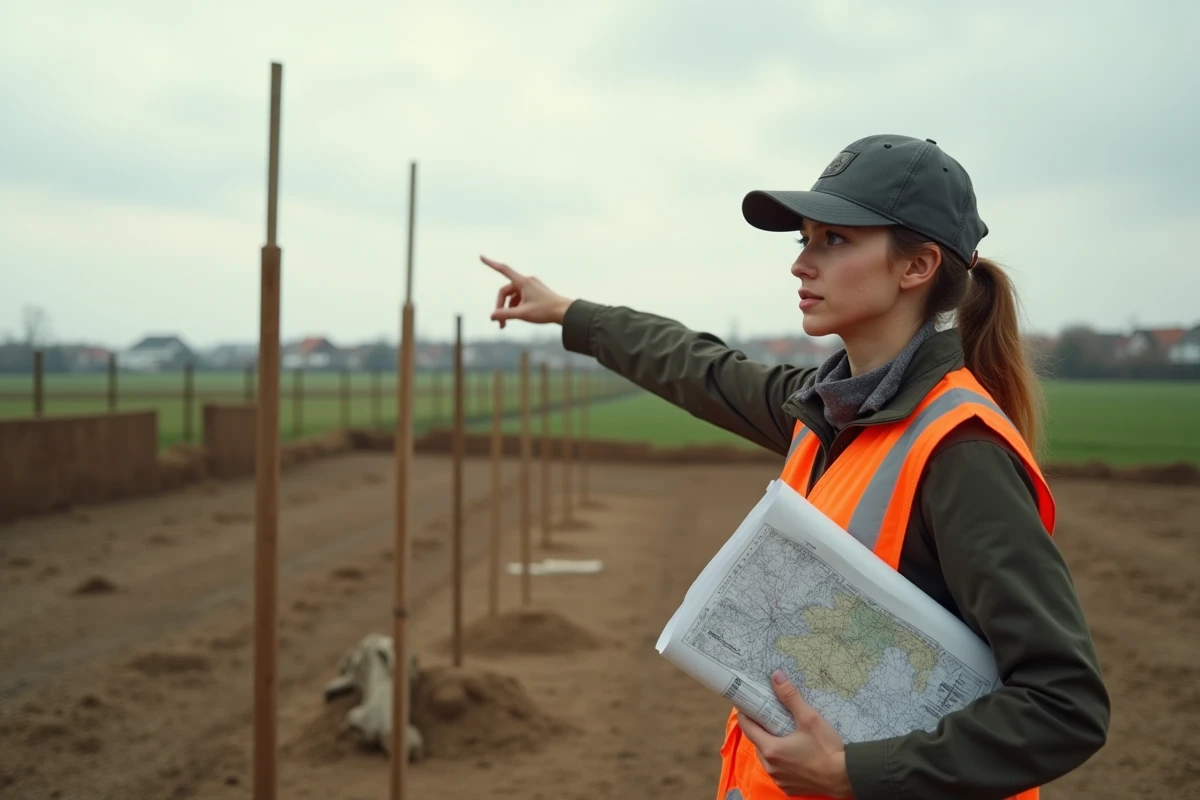 Jeune femme arpenteuse pointant vers des bornes de limite