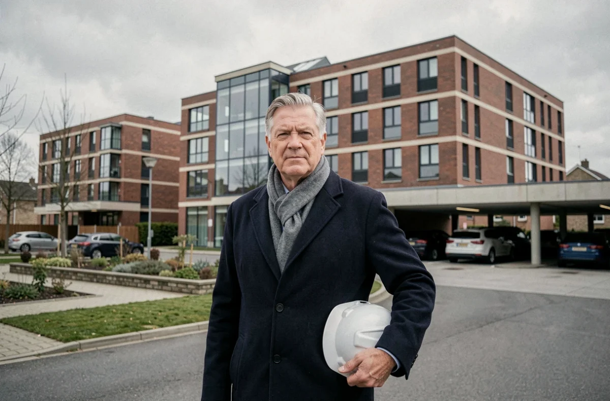 Cadre de Kaufman and Broad devant un immeuble résidentiel en brique et verre dans la banlieue française