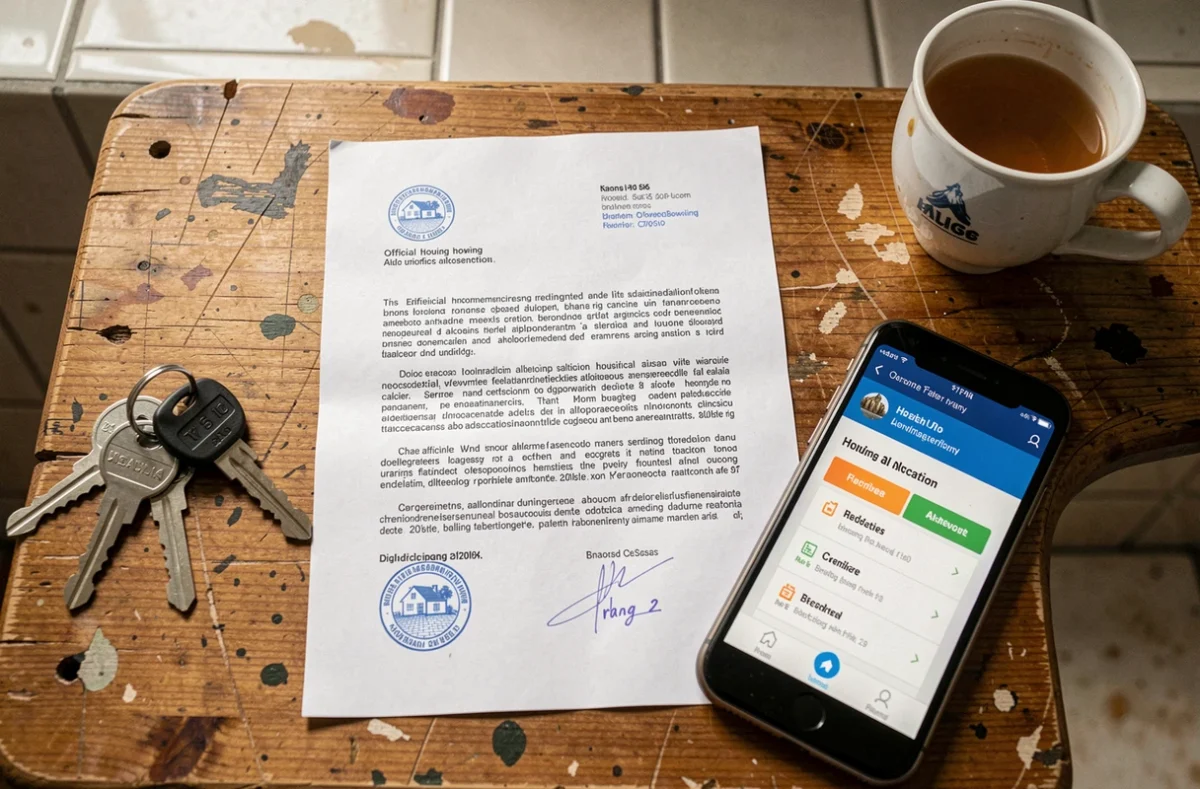 Lettre officielle d'attribution de logement rang 2 posée sur une table avec smartphone et clés