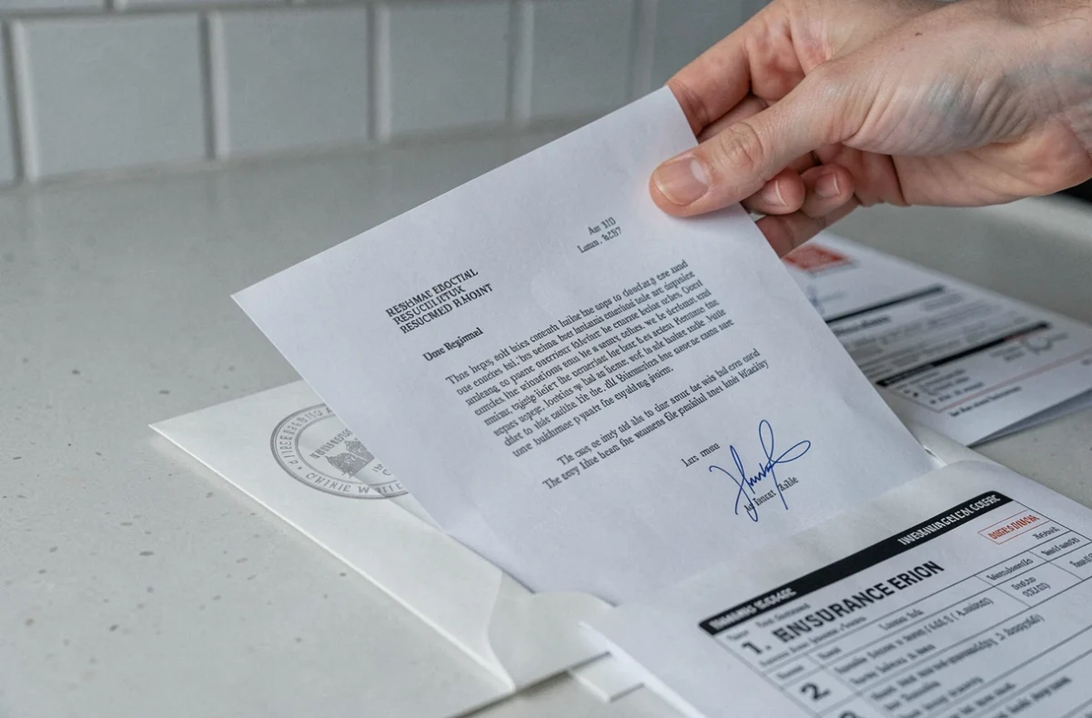 Lettre de résiliation d'assurance habitation glissée dans une enveloppe timbrée sur une table de cuisine