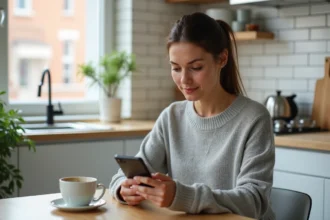 Locataire utilisant l'application MyCitya sur smartphone dans une cuisine moderne pour gérer son logement au quotidien