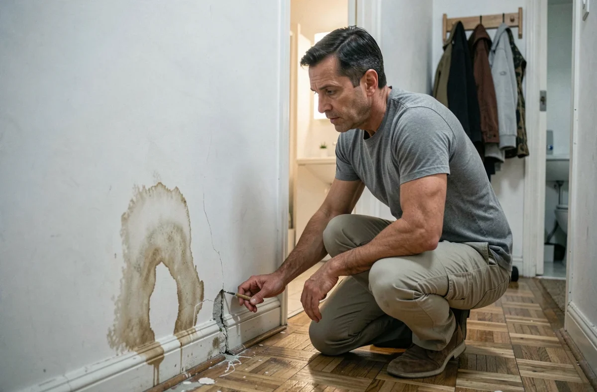 Locataire inspectant des dégâts des eaux sur le mur de son appartement loué
