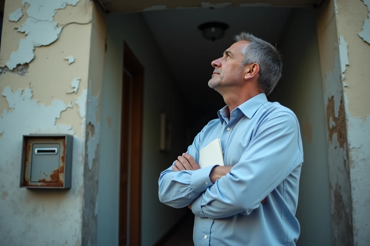 Locataire devant un immeuble dégradé tenant une lettre officielle relative au compte séquestre de loyer