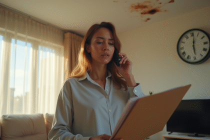 Locataire inquiet au téléphone dans un salon ensoleille avec une tache d'eau au plafond