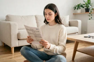 Jeune femme locataire lisant son contrat d'assurance habitation dans son appartement moderne