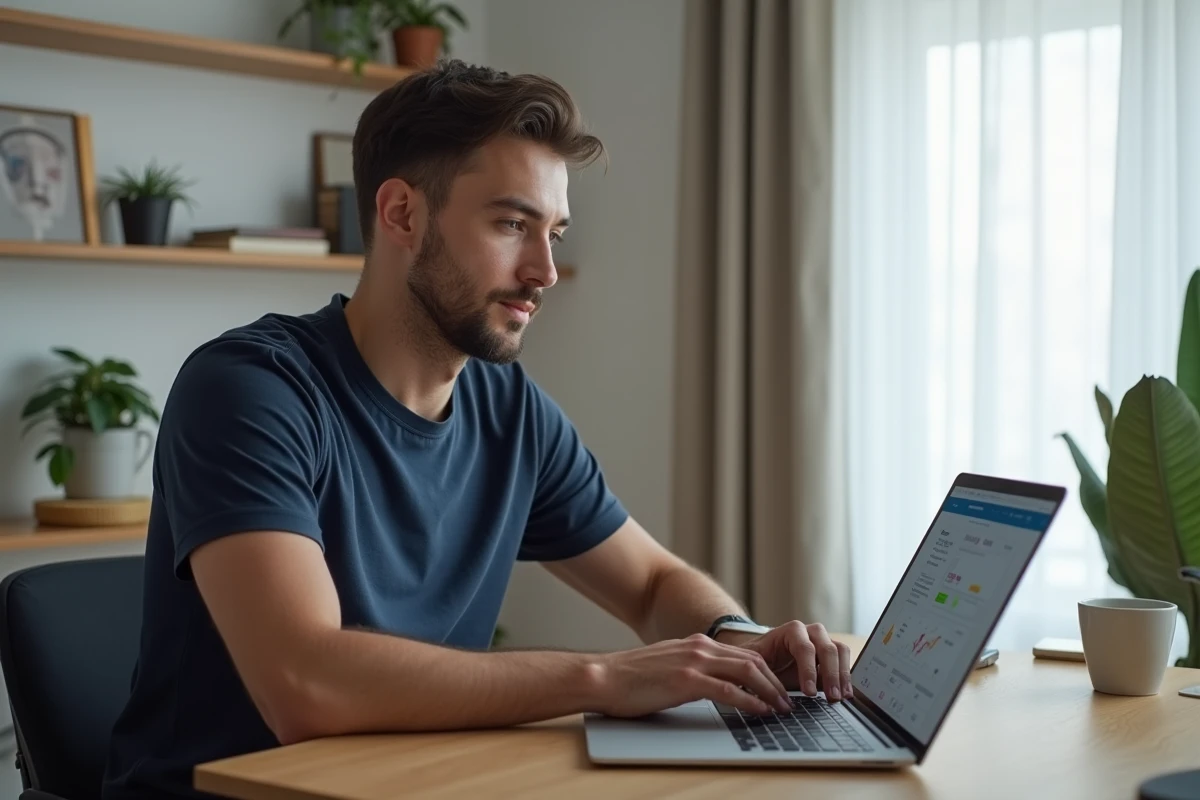 Locataire consultant son espace personnel MyCitya sur un ordinateur portable dans un bureau à domicile organisé