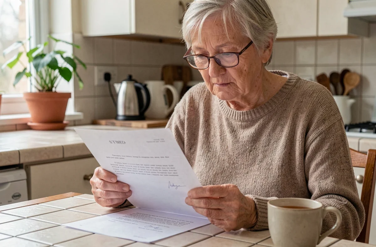 Locataire âgée lisant une lettre officielle de son bailleur concernant une procédure de reprise de logement à la cuisine