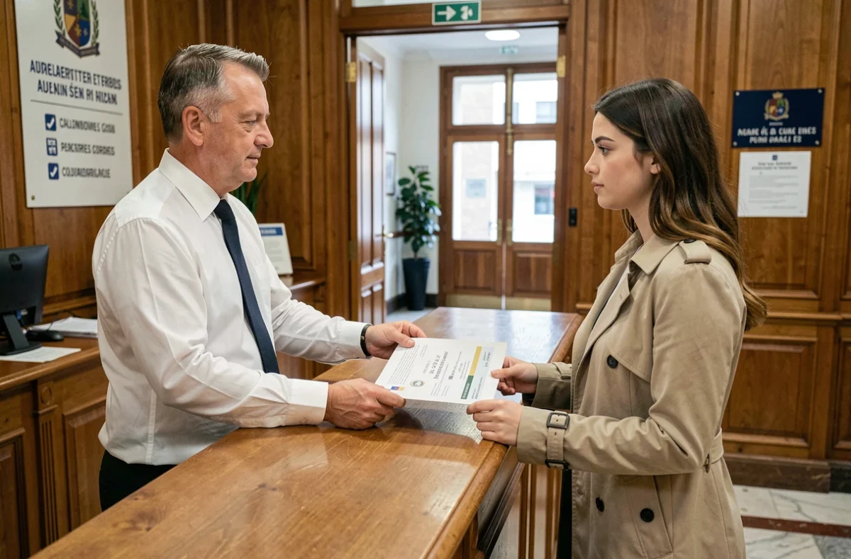 Employé municipal remettant un extrait de propriété foncière à une personne en mairie pour identifier un propriétaire