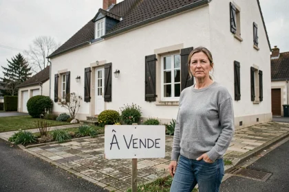 Femme devant une maison à vendre cause divorce dans la Sarthe avec panneau fait main