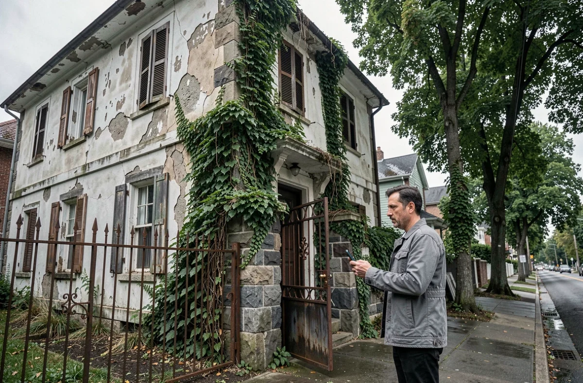 Homme inspectant une maison abandonnée aux murs lézardés pour en retrouver le propriétaire