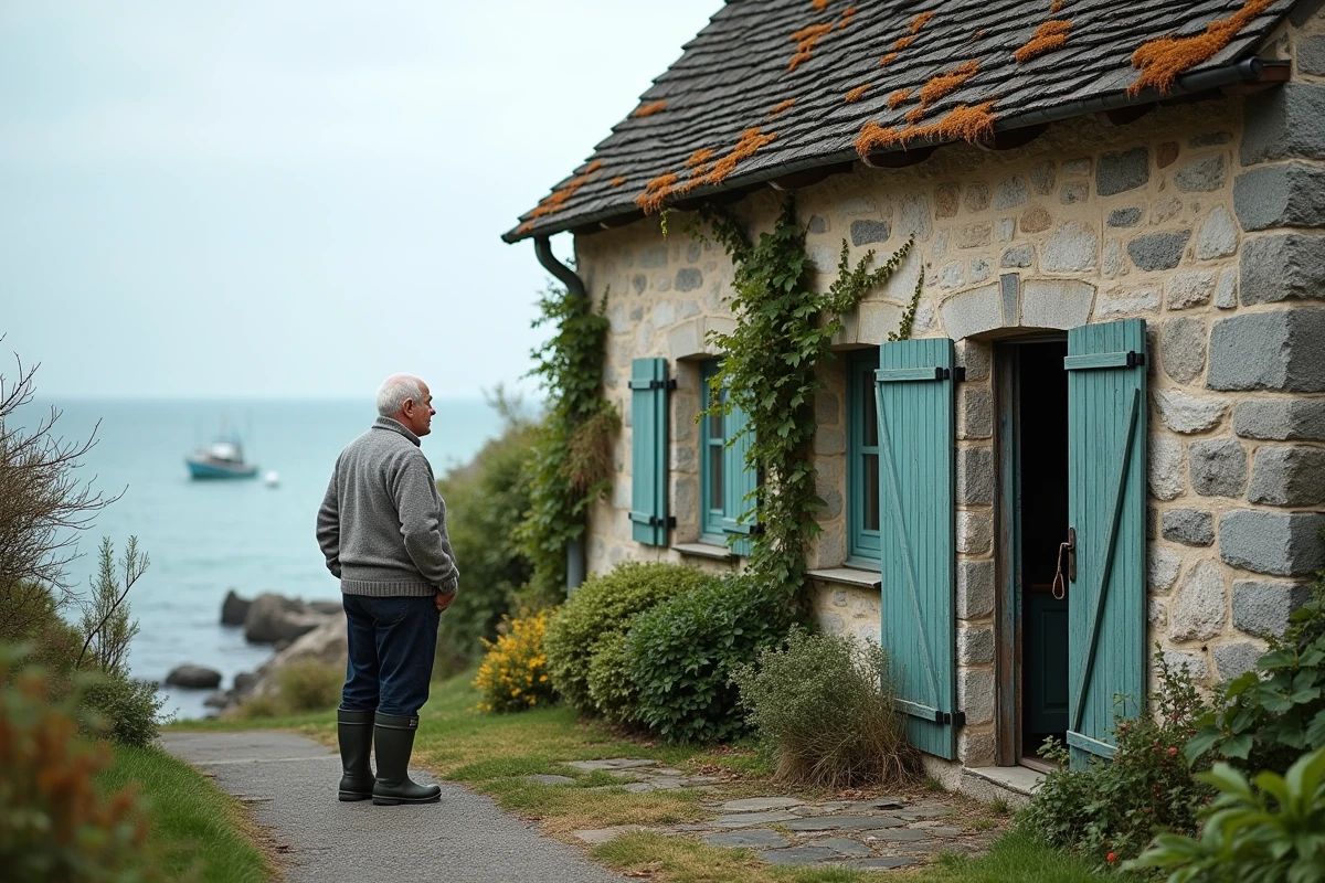 Maison de pêcheur en pierre normande en bord de falaise avec vue sur la mer calme