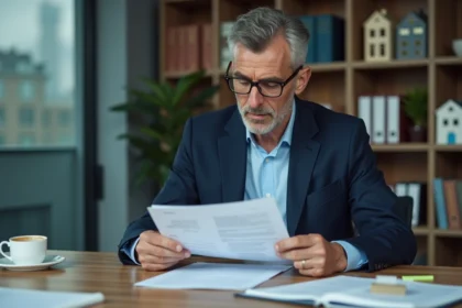 Professionnel de l'immobilier analysant des documents fiscaux liés à la TVA sur la revente immobilière dans un bureau juridique