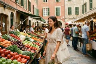 Femme explorant le marché des Carmes à Toulouse parmi les étals de produits frais et les façades en brique rose