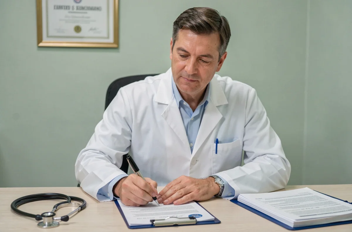 Médecin rédigeant un certificat médical officiel dans son cabinet de consultation pour un préavis réduit