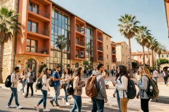 Étudiants devant une résidence étudiante moderne en Provence-Alpes-Côte d'Azur sous un ciel méditerranéen bleu