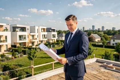 Vue d'ensemble d'un promoteur immobilier devant un complexe résidentiel moderne dans le Val-d'Oise