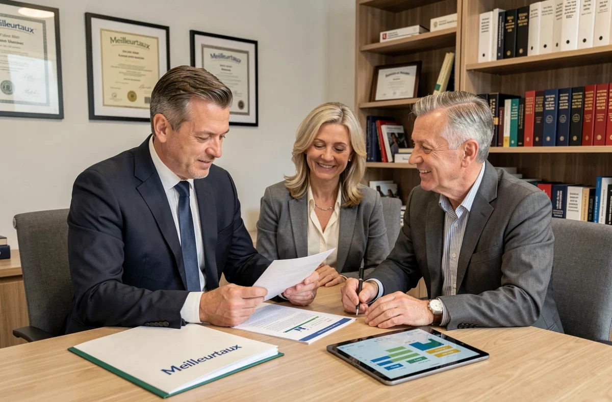 Conseiller Meilleurtaux à Pau présentant une comparaison de taux de prêt immobilier à un couple dans un bureau professionnel