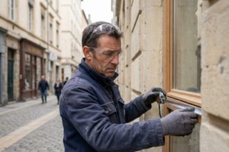 Menuisier professionnel mesurant un cadre de fenêtre sur une façade de style haussmannien à Lyon