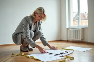 Femme mesurant la surface d'un appartement vide avec un mètre ruban lors d'une visite immobilière