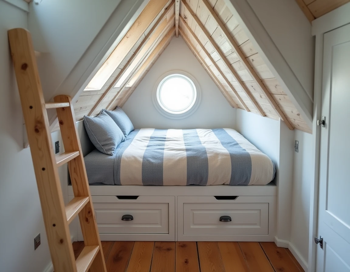 Mezzanine de couchage astucieuse dans une maison de pêcheur bretonne avec escalier-rangement et fenêtre hublot sous les combles