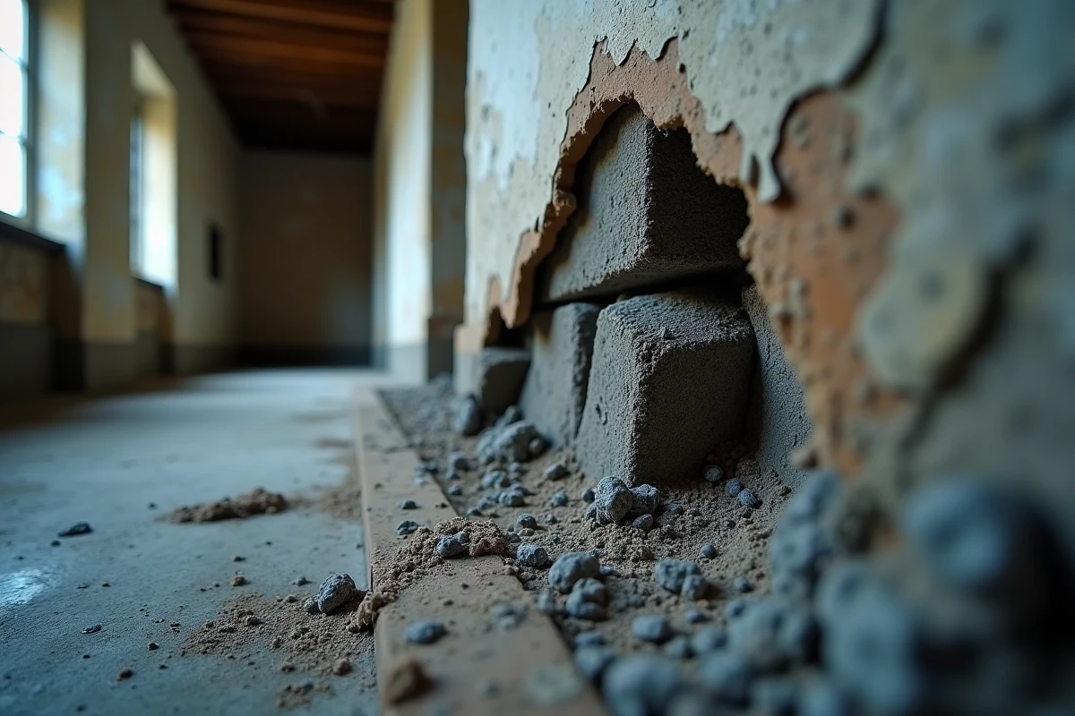 Mur en mâchefer apparent avec plâtre décollé dans une maison ancienne en France