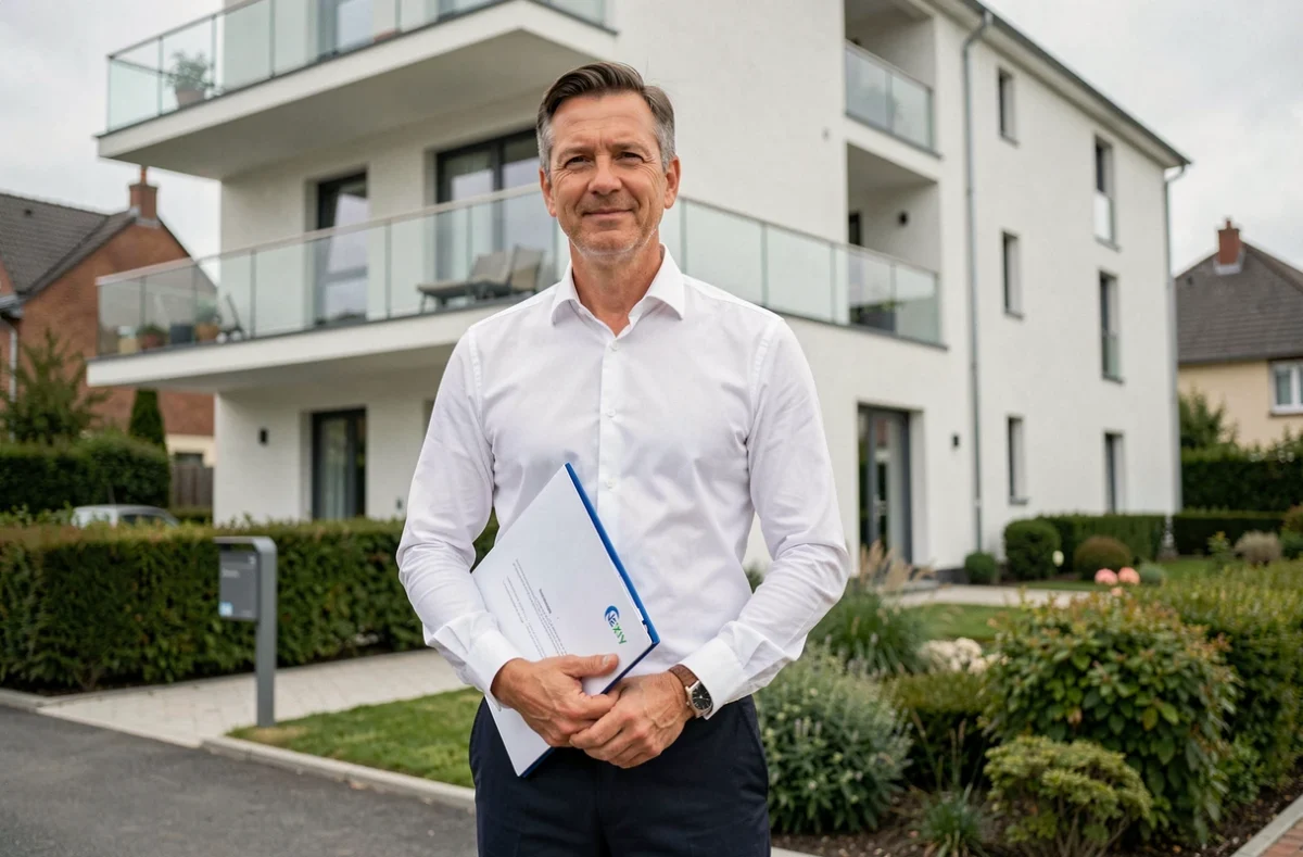 Représentant du promoteur immobilier Nexity devant un immeuble résidentiel moderne en France