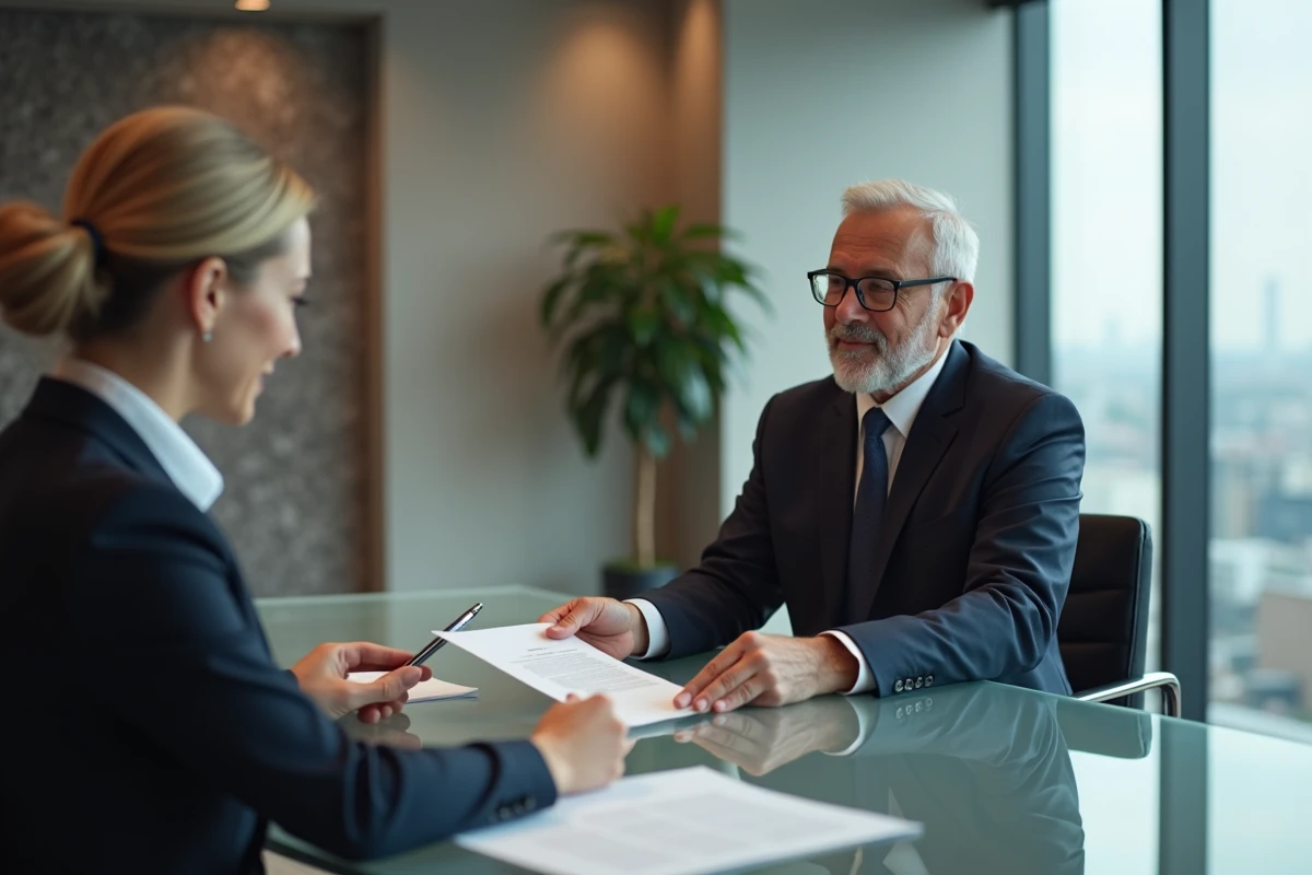 Notaire senior remet un document à une femme en réunion moderne