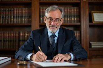 Notaire de Limoges en costume sombre tamponnant un document officiel à son bureau en chêne dans une étude notariale traditionnelle