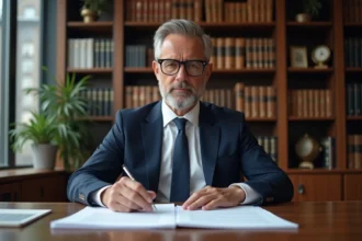 Notaire en costume examinant des documents officiels