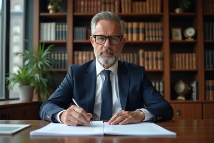 Notaire en costume examinant des documents officiels