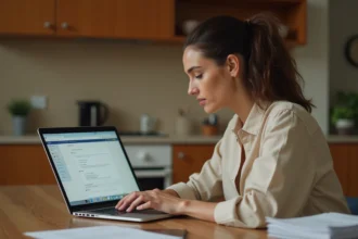Nouvelle copropriétaire utilisant l'espace client MyFoncia sur un ordinateur portable dans sa cuisine