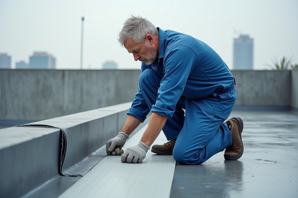 Ouvrier en bleu appliquant une membrane sur un toit urbain