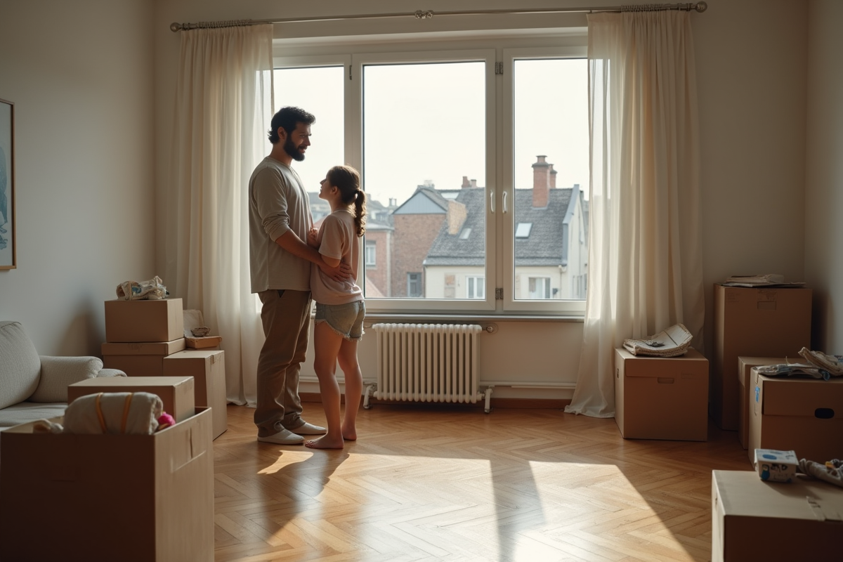 Père et fille dans un salon en préparation de départ