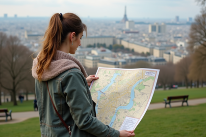 Femme étudie une carte de Paris depuis le parc de Belleville