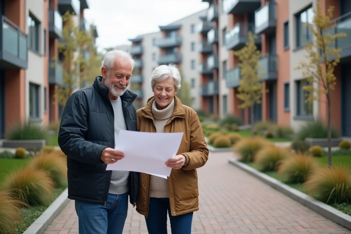 Senior homme et femme comparant plans devant immeuble neuf