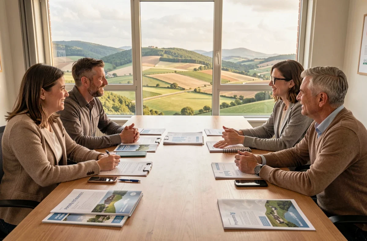 Équipe de conseillers Partners Finances dans les Pyrénées-Atlantiques analysant des dossiers de financement immobilier avec vue sur le Pays Basque