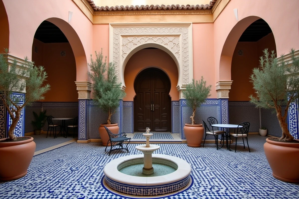 Patio intérieur d'une villa riad à Marrakech avec fontaine et carrelage zellige pour résidence secondaire