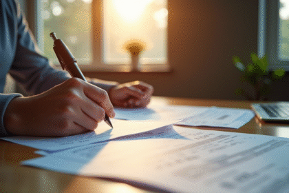 Personne remplissant des formulaires officiels à un bureau
