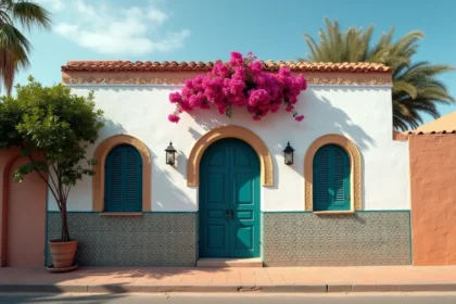 Façade d'une petite villa marocaine à vendre à Marrakech avec zellige et bougainvilliers