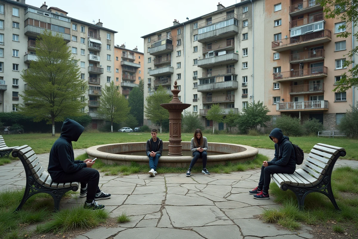Place publique dégradée avec bancs cassés et immeubles HLM en arrière-plan dans un quartier de Champs-sur-Marne