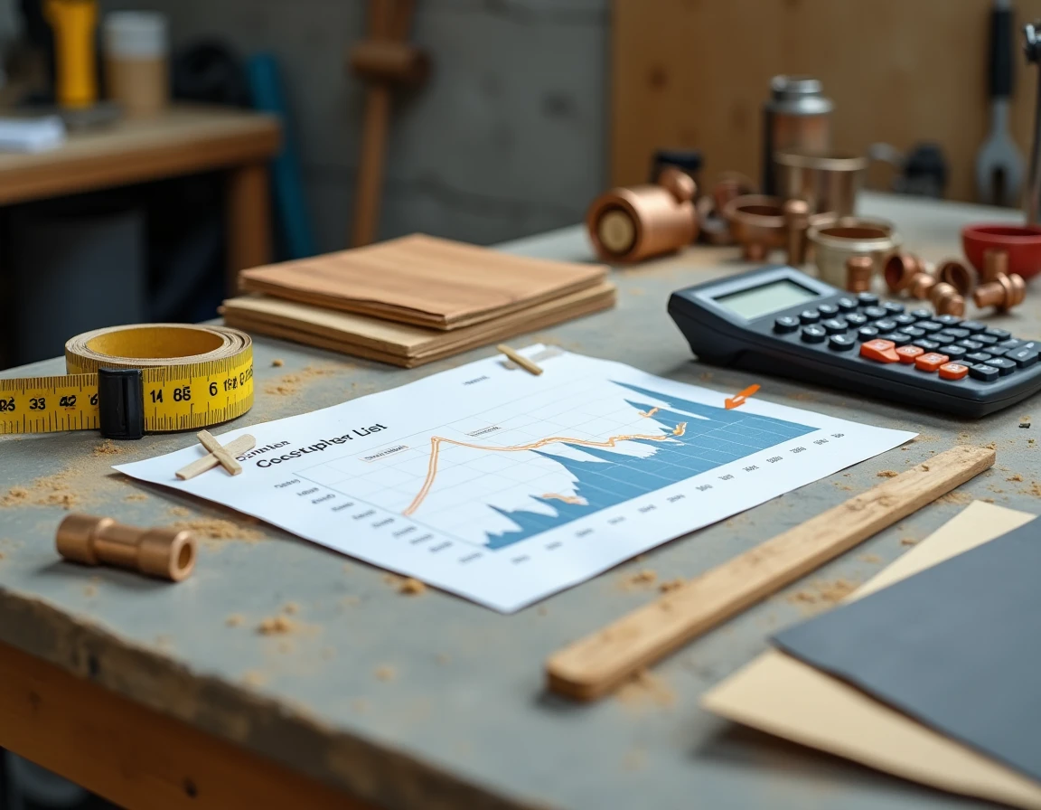 Plan de travail d'artisan avec graphiques d'indices BT01, liste de prix matériaux et échantillons de chantier