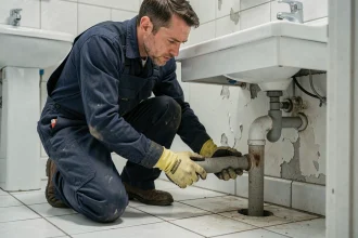 Plombier examinant une conduite en fibrociment sous un lavabo de salle de bains ancienne