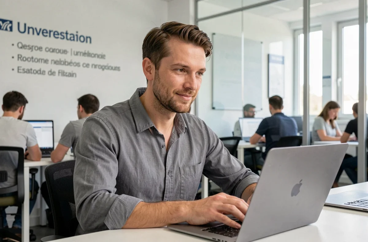 Agent de l'éducation nationale utilisant un ordinateur portable pour accéder au portail numérique CONVERGENCE dans un espace de travail partagé