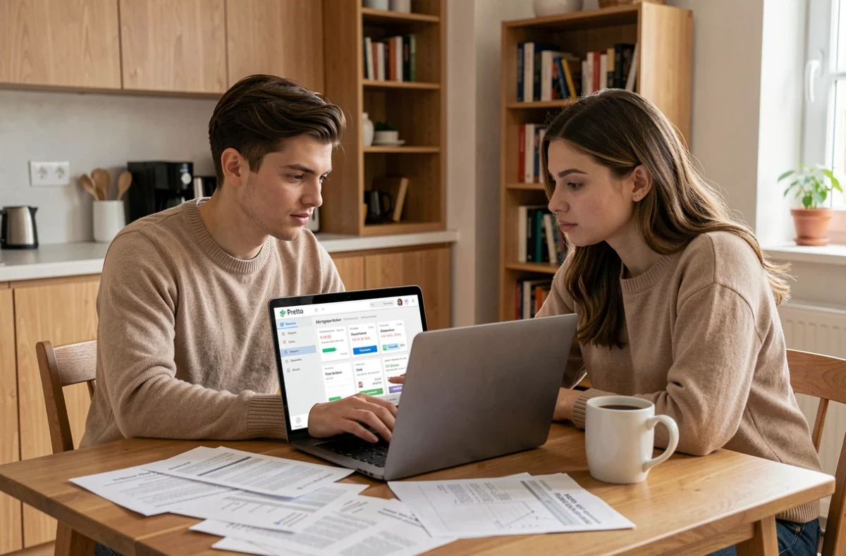 Jeune couple utilisant la plateforme en ligne Pretto pour comparer des offres de prêt immobilier depuis leur domicile