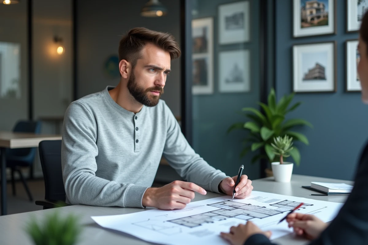 Primo-accédant en rendez-vous avec un conseiller immobilier dans une agence moderne pour éviter les erreurs lors de son premier achat