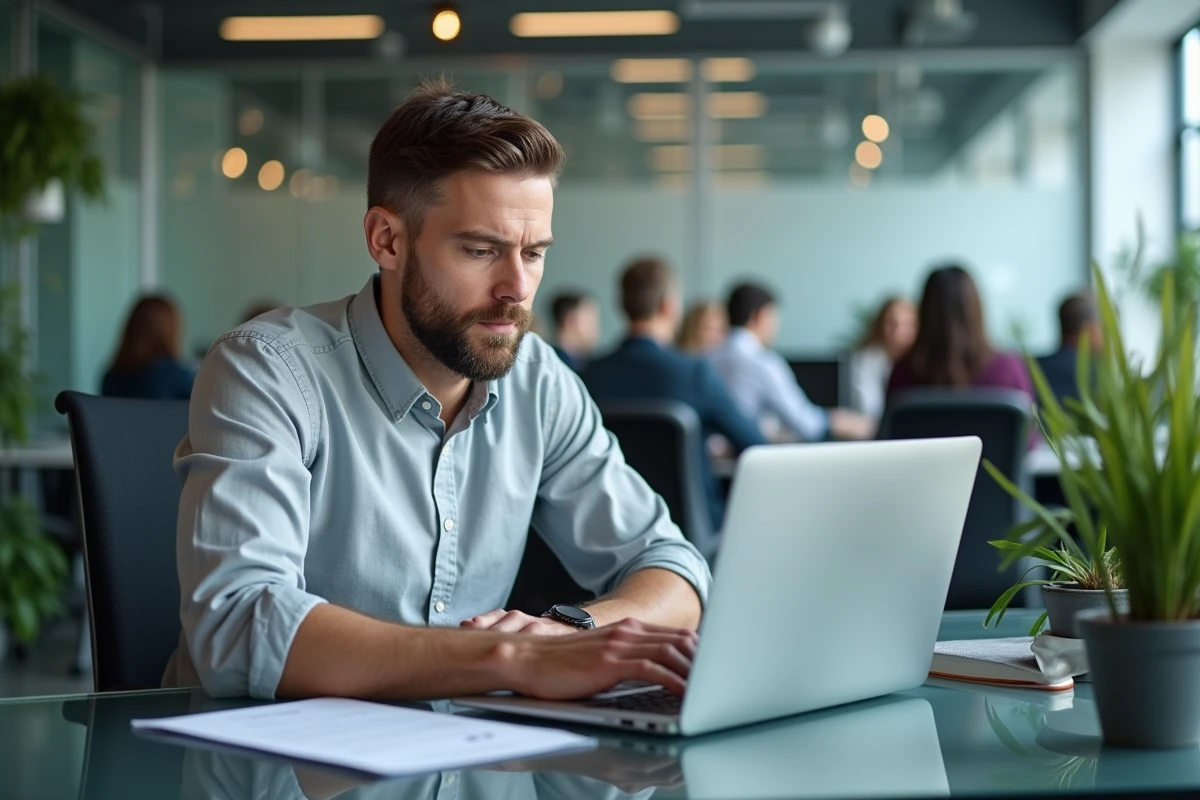 Professionnel analysant une politique de confidentialité sur ordinateur portable dans un bureau moderne, illustrant les enjeux de sécurité des données numériques